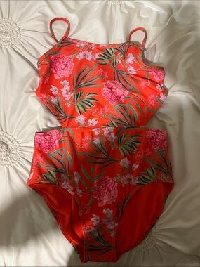 Old Navy Red Floral Bikini Set with Pink Blooms